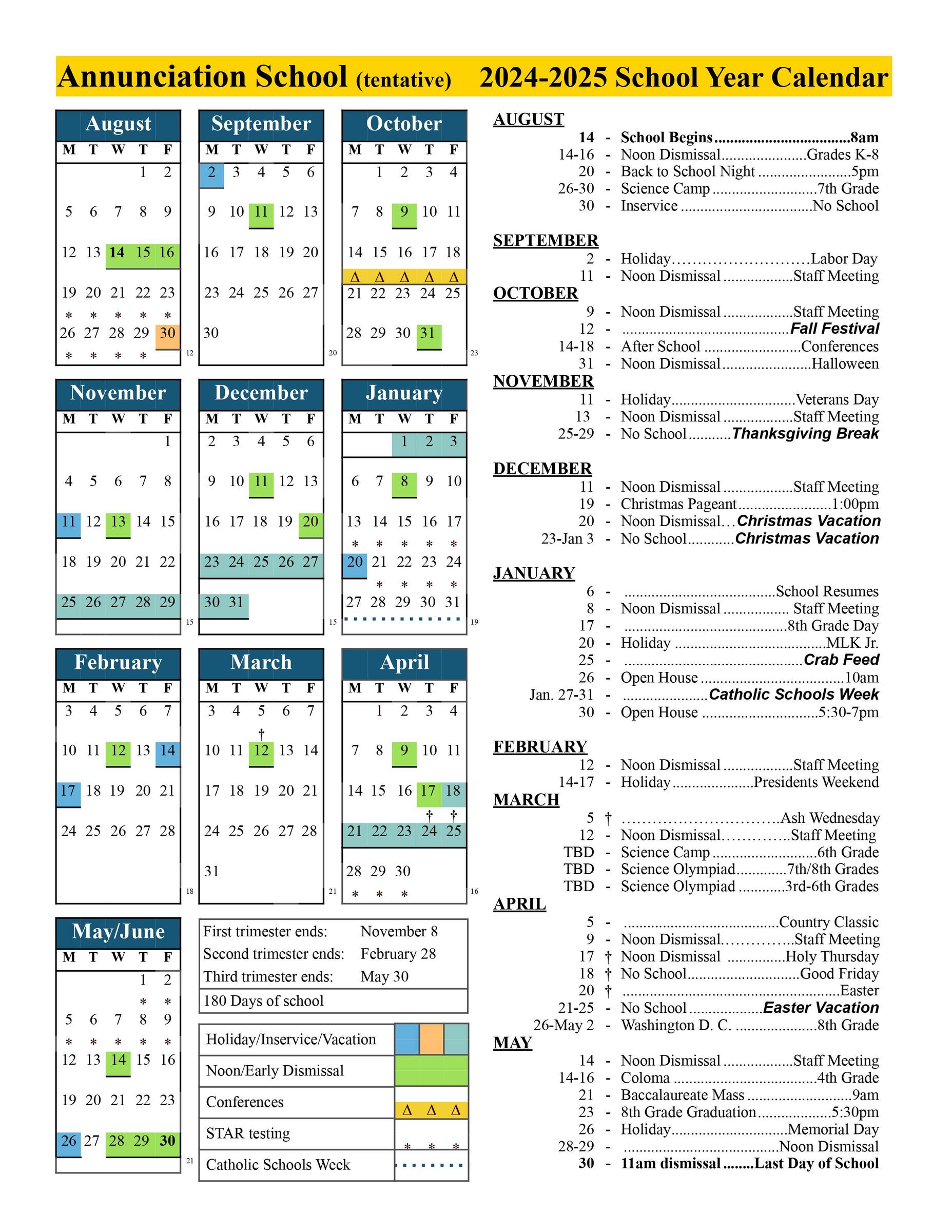 School Year Calendar 20242025 Annunciation Catholic School of