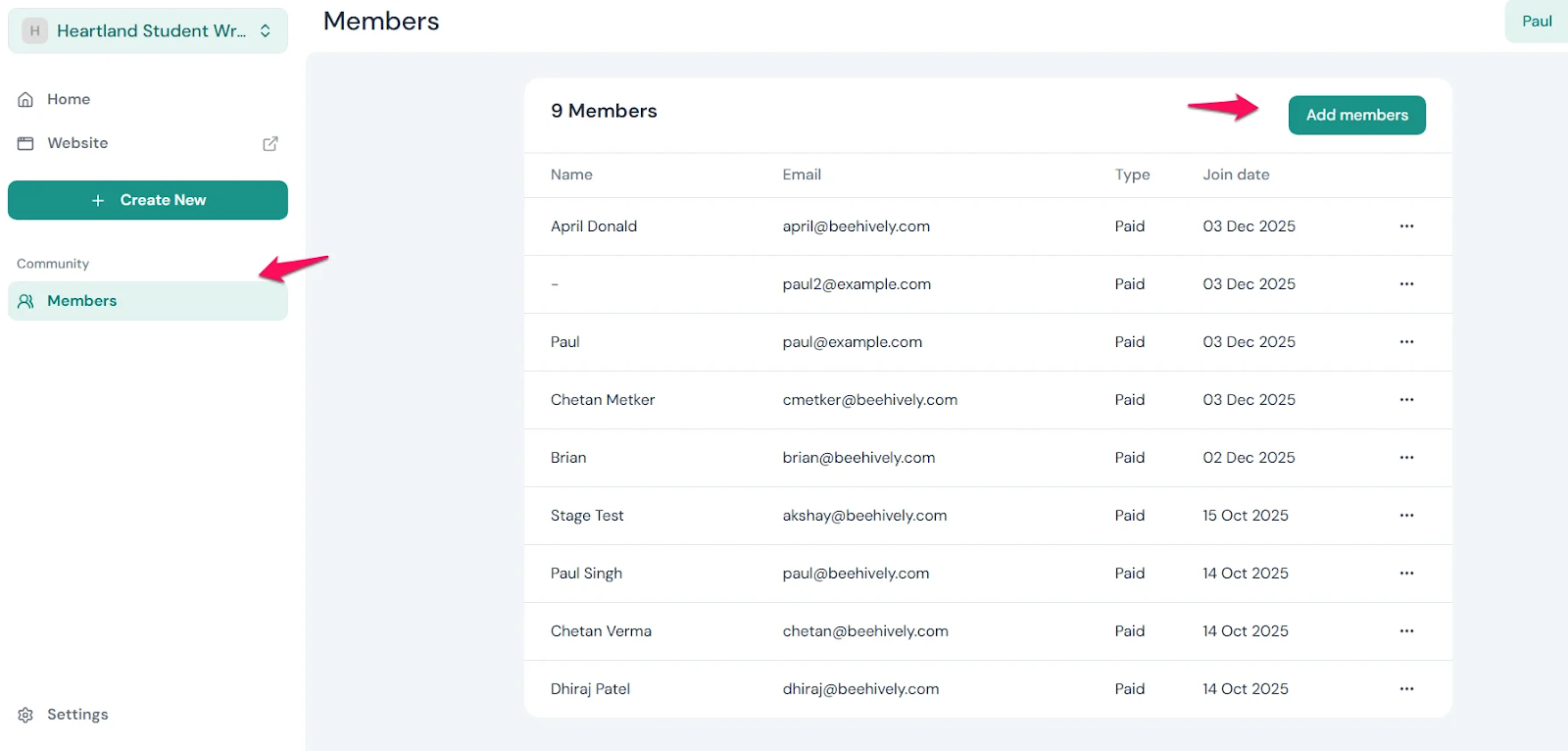 Current members and add button