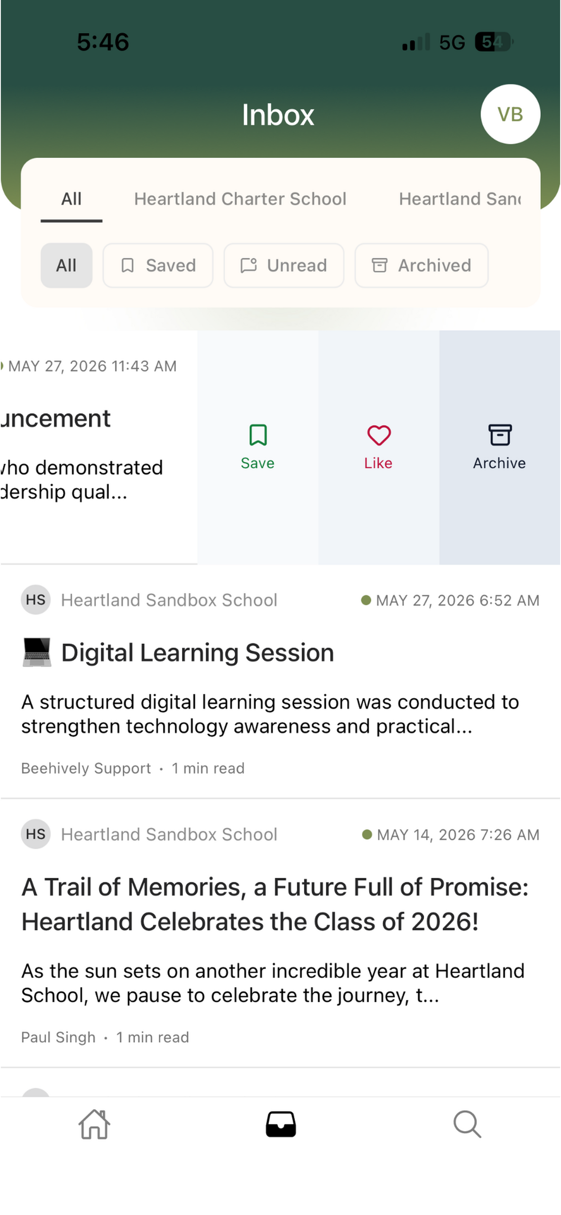Inbox with Save Like and Archive options